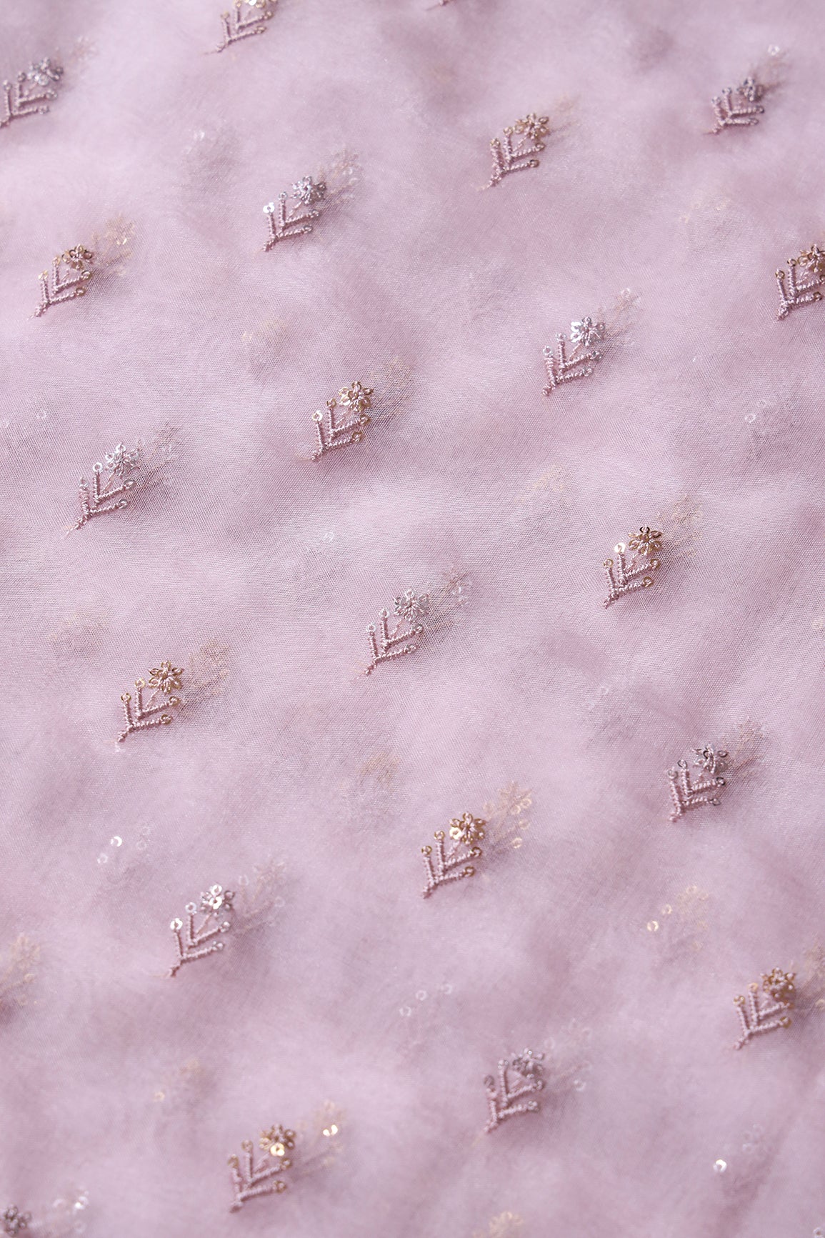 Gold And Silver Sequins Beautiful Small Floral Motif Embroidery Work On Pastel Pink Organza Fabric