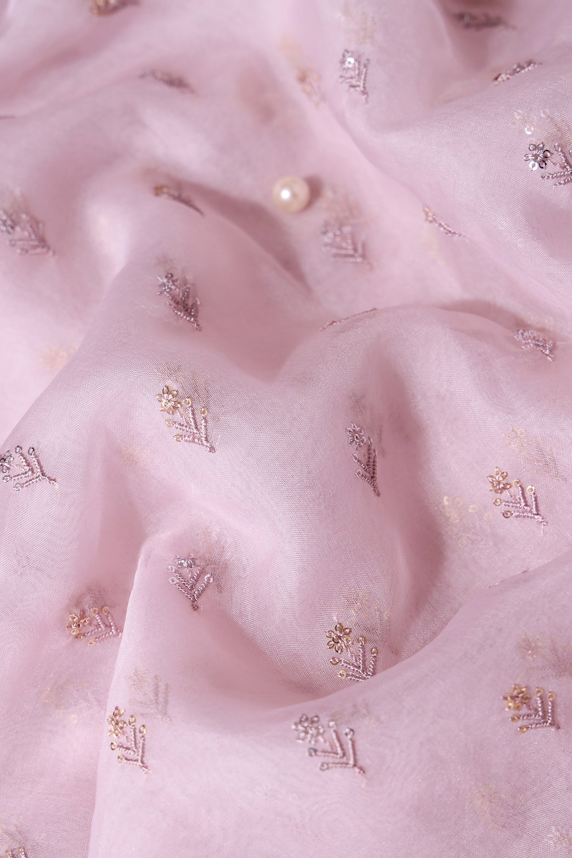 Gold And Silver Sequins Beautiful Small Floral Motif Embroidery Work On Pastel Pink Organza Fabric
