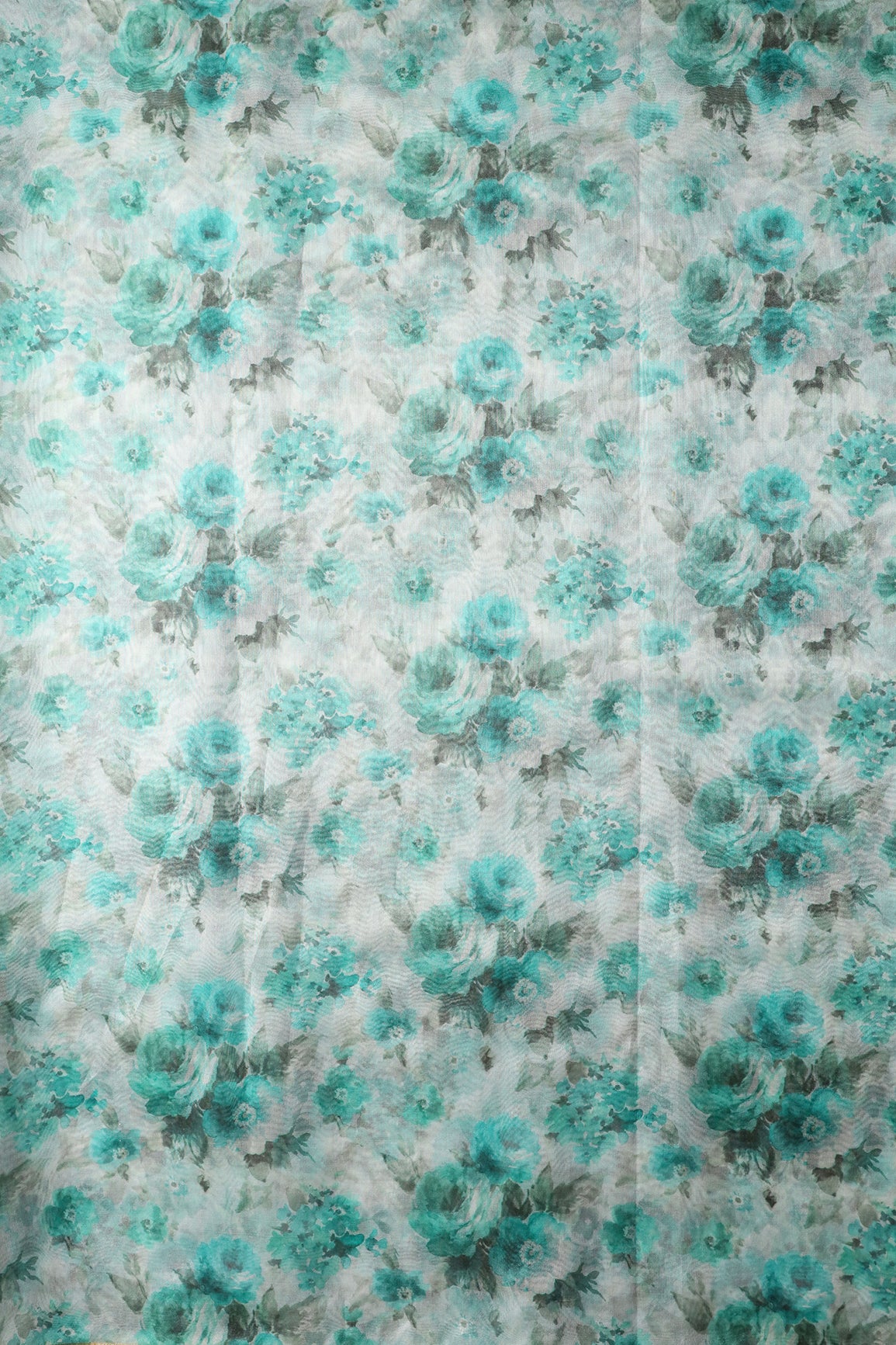 Teal Floral Digital Print On White Organza Fabric