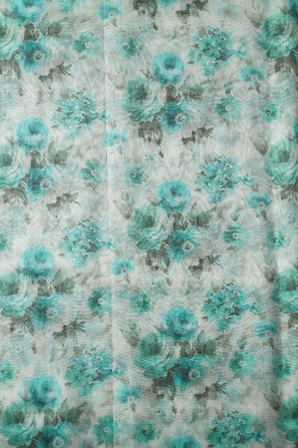 Teal Floral Digital Print On White Organza Fabric