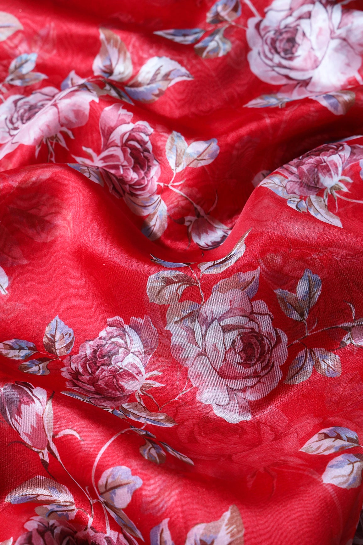 Multi Color Floral Digital Print On Red Organza Fabric