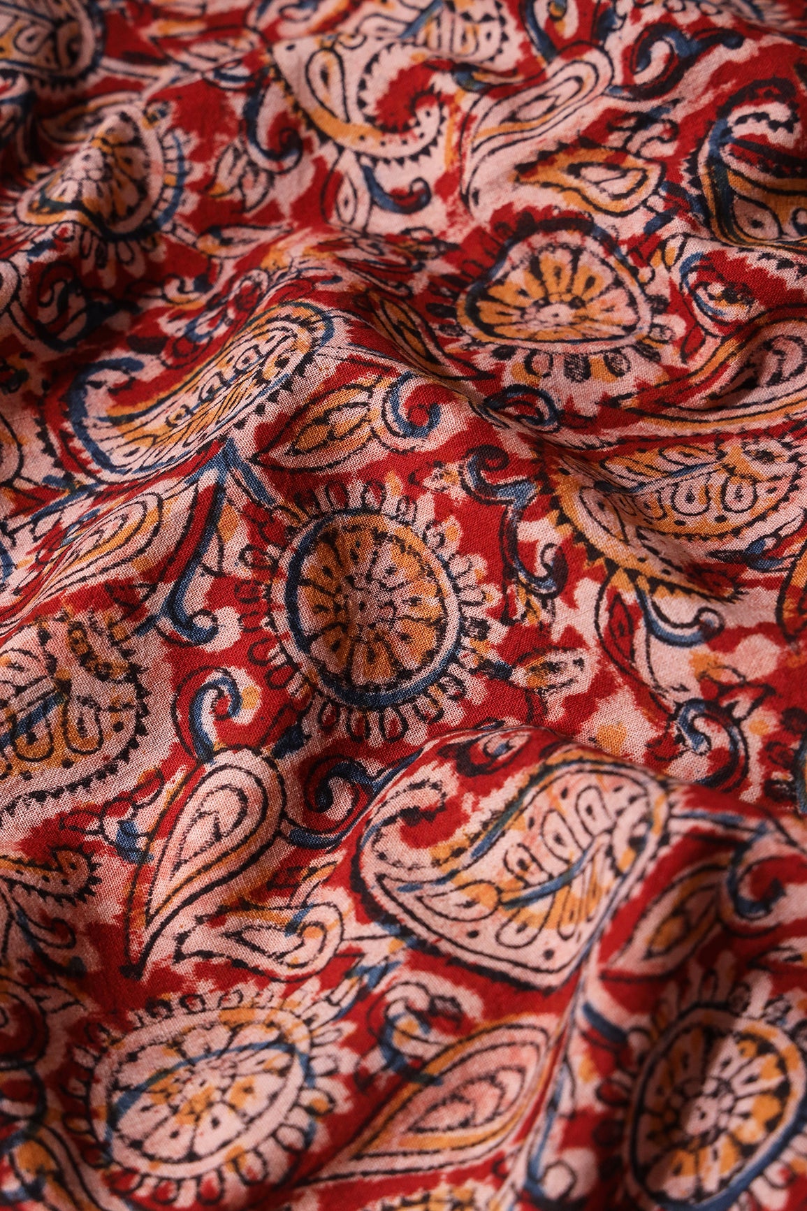 Red And Light Beige Paisley Pattern Handblock Kalamkari Organic Cotton Fabric