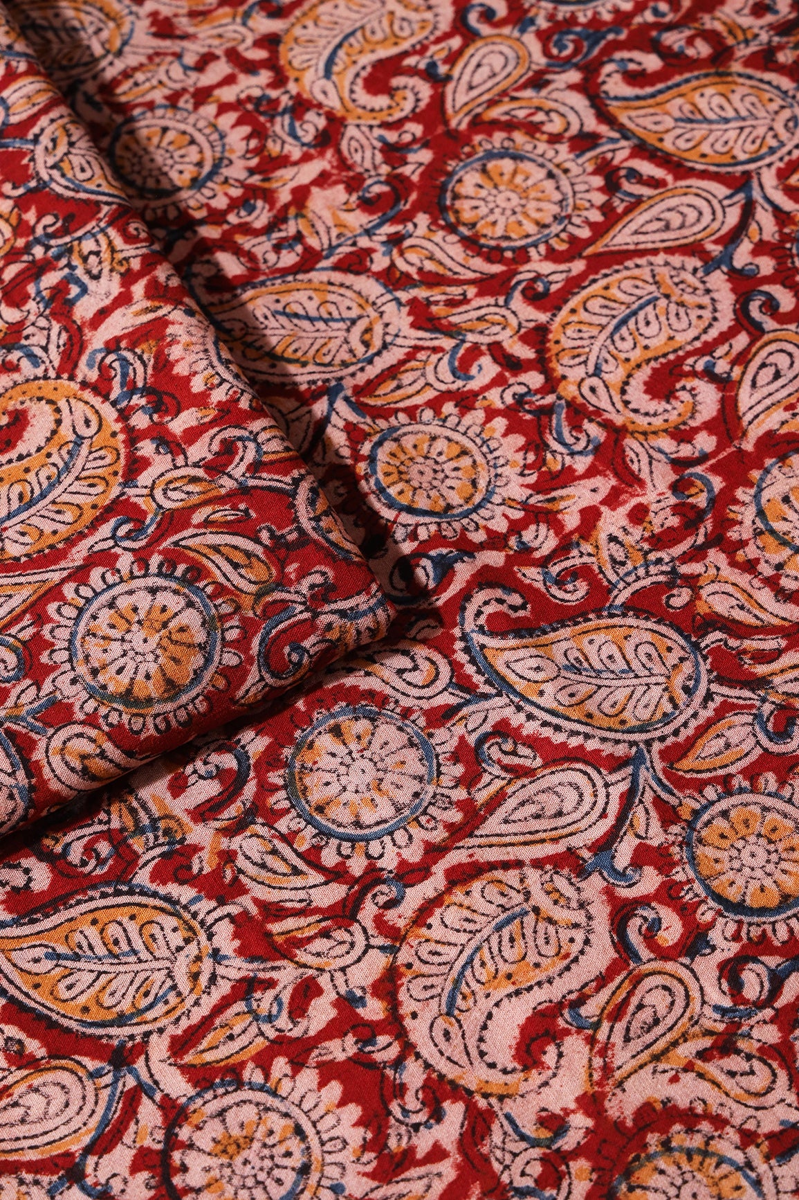 Red And Light Beige Paisley Pattern Handblock Kalamkari Organic Cotton Fabric