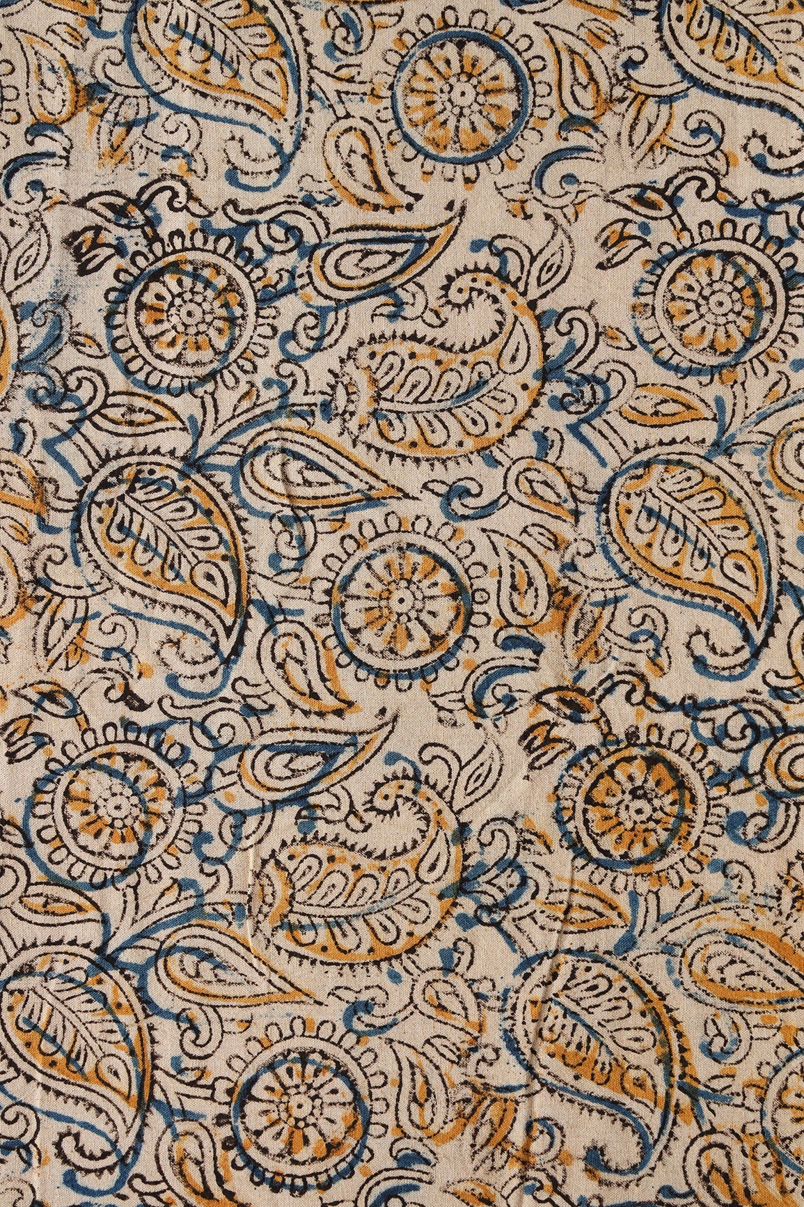 Light Beige And Blue Paisley Pattern Handblock Kalamkari Organic Cotton Fabric