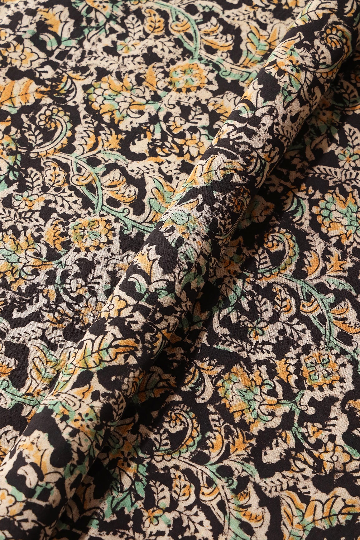 Black And Light Beige Paisley Pattern Handblock Kalamkari Organic Cotton Fabric