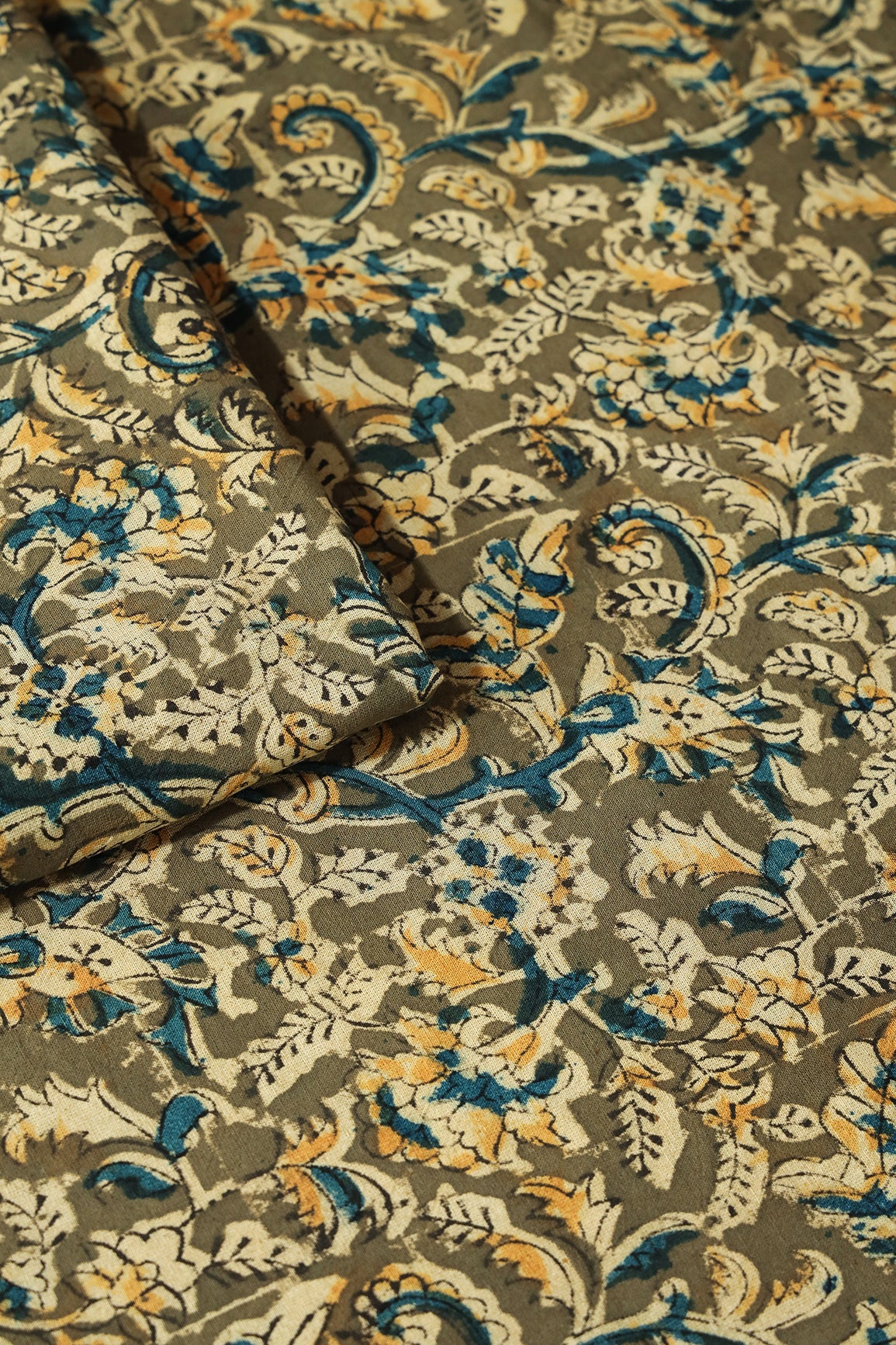 Olive And Light Beige Paisley Pattern Handblock Kalamkari Organic Cotton Fabric