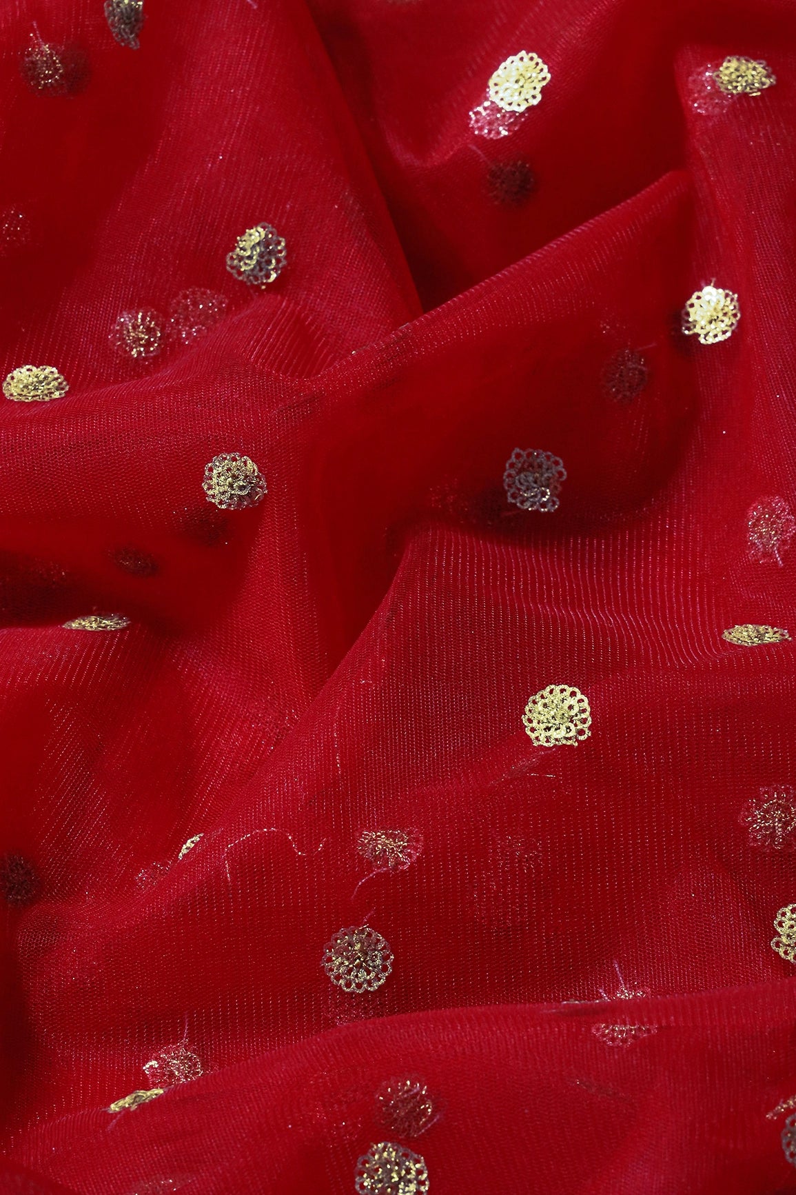 Gold Glitter Sequins Small Motif Embroidery Work On Red Soft Net Fabric