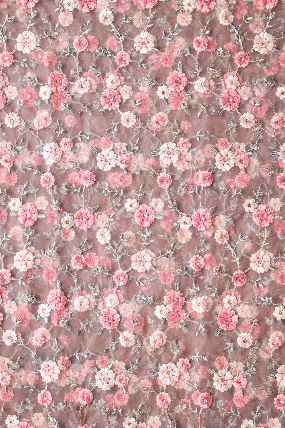 Pink And White Thread With Gold Sequins Floral Embroidery On Mauve Soft Net Fabric