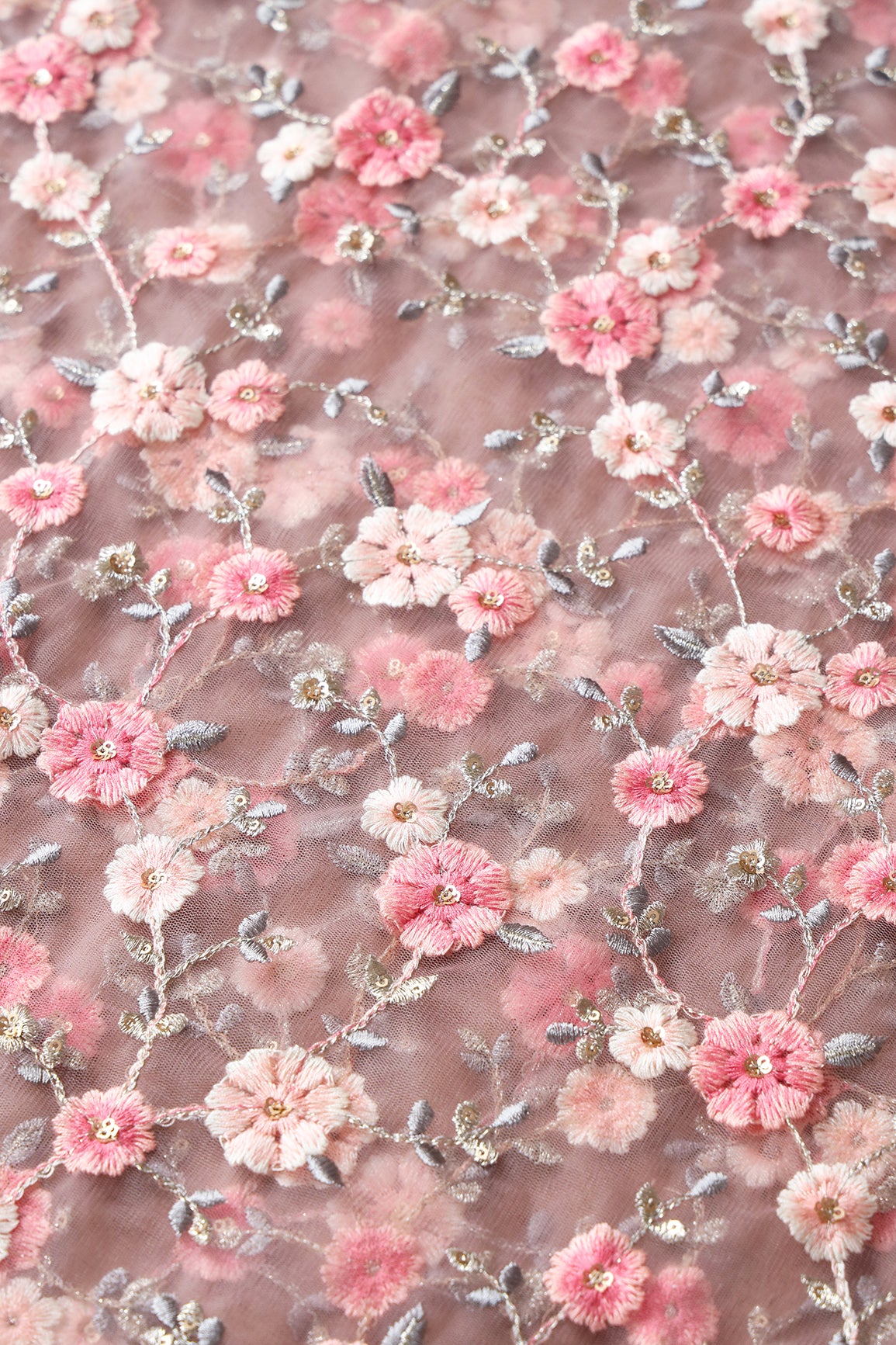 Pink And White Thread With Gold Sequins Floral Embroidery On Mauve Soft Net Fabric