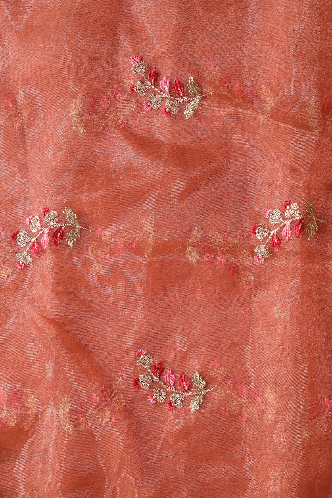 Beautiful Multi Color Leafy Embroidery Work On Rust Orange Tissue Fabric