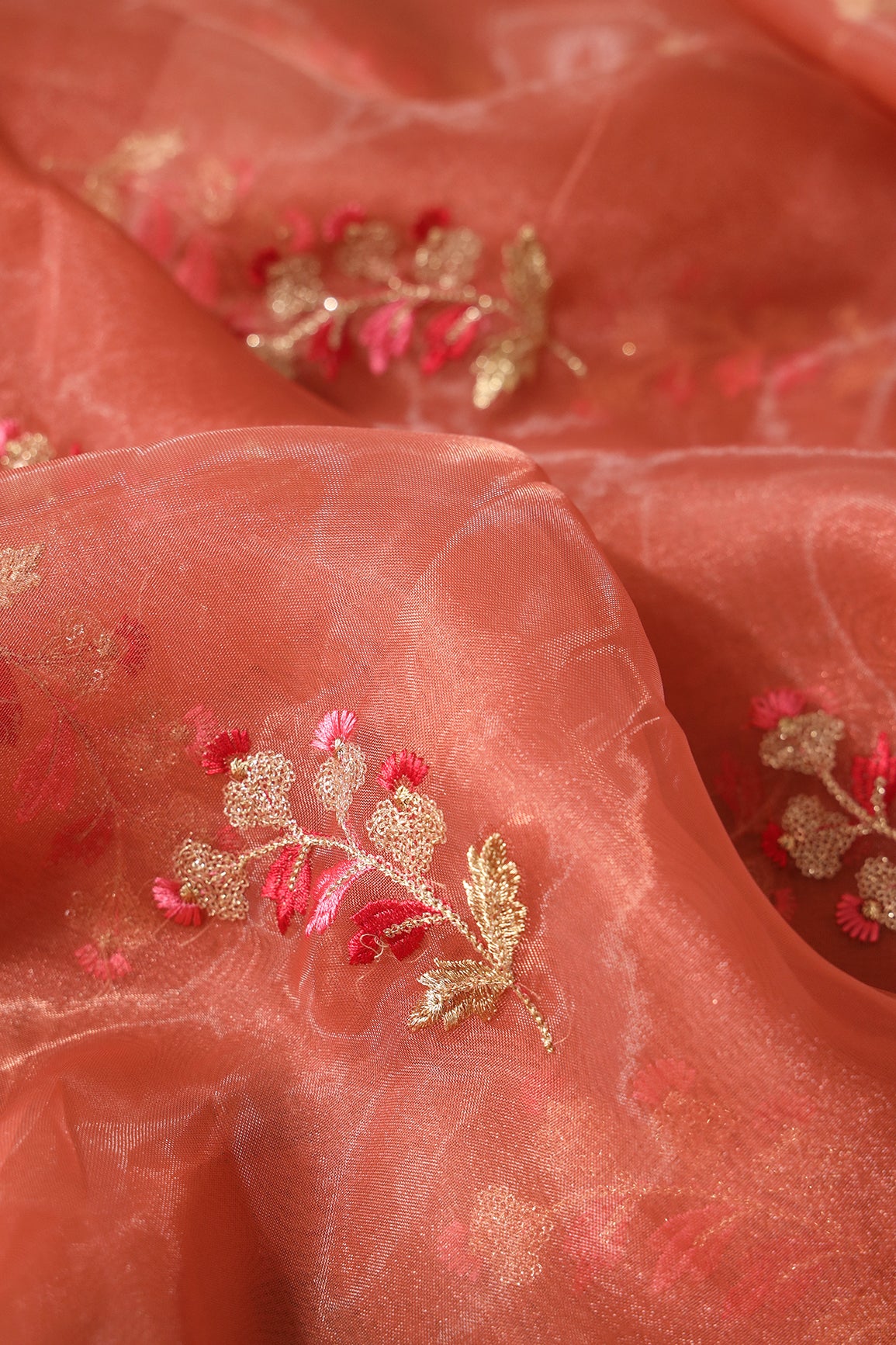 Beautiful Multi Color Leafy Embroidery Work On Rust Orange Tissue Fabric