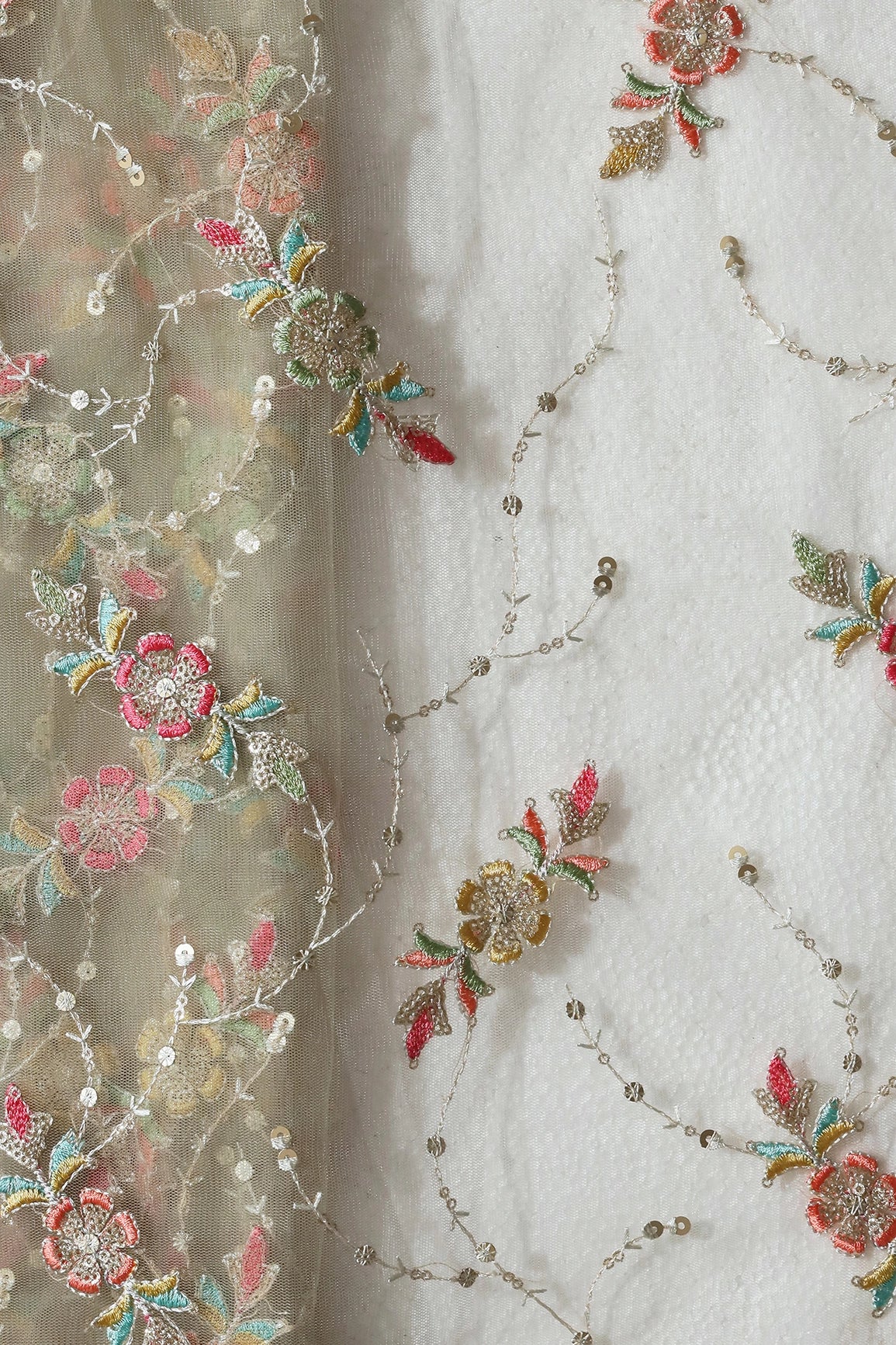 Multi Thread With Small Gold Sequins Floral Embroidery On Olive Soft Net Fabric