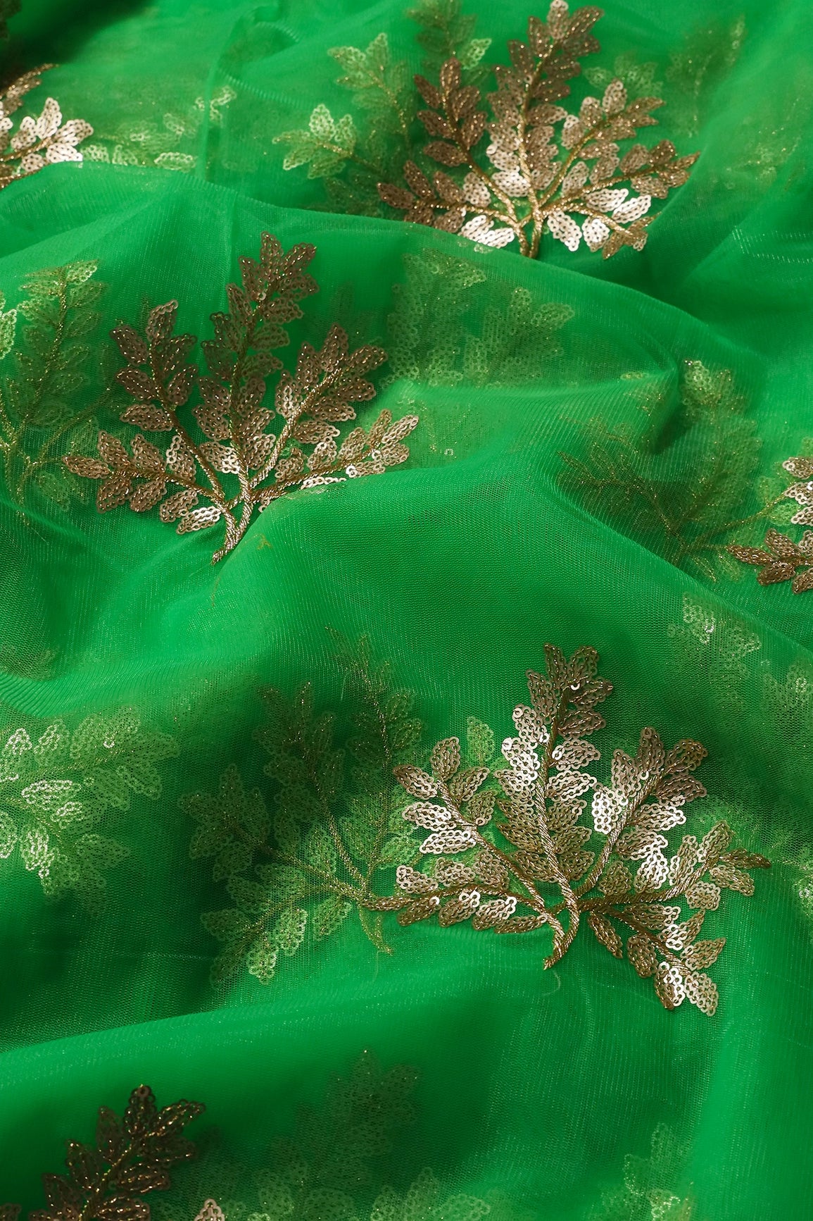 Gold Zari With Gold Sequins Leafy Embroidery Work On Dark Parrot Green Soft Net Fabric