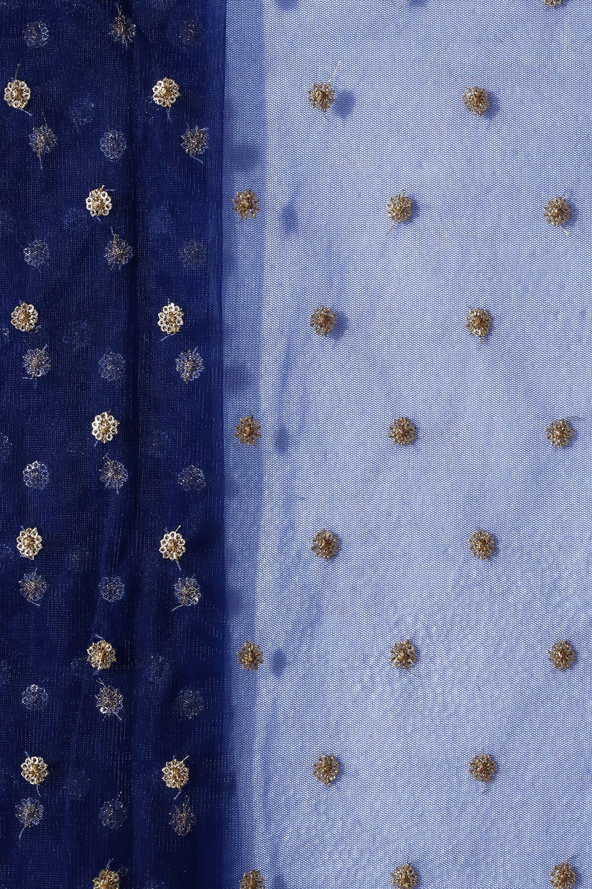 Gold Glitter Sequins Small Motif Embroidery Work On Navy Blue Soft Net Fabric