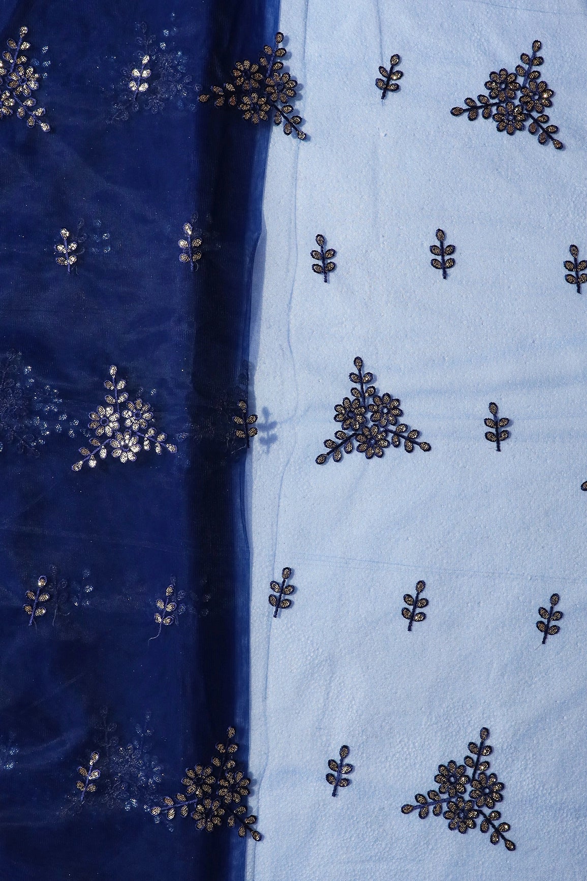 Blue Thread With With Gold Sequins Floral Embroidery Work On Navy Blue Soft Net Fabric