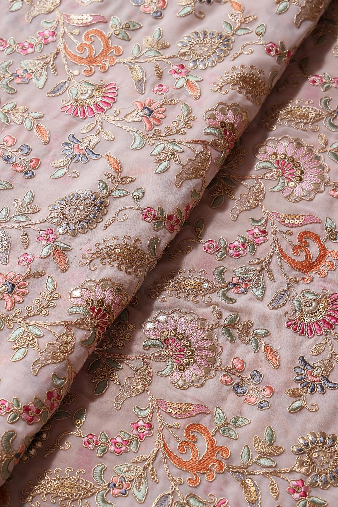 Gorgeous Pastel Threads With Gold Zari Floral Heavy Embroidery On Light Grey Georgette Fabric