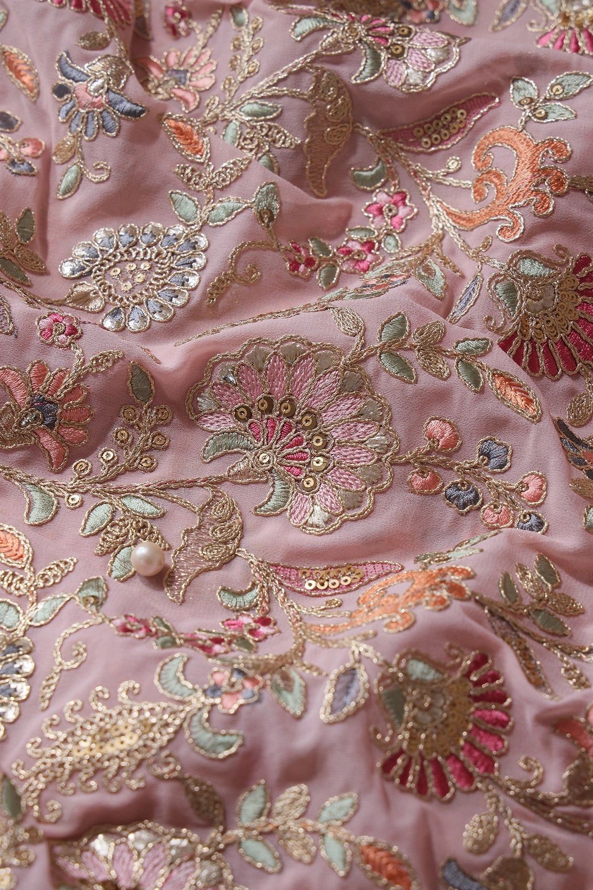 Gorgeous Pastel Threads With Gold Zari Floral Heavy Embroidery On Light Pink Georgette Fabric