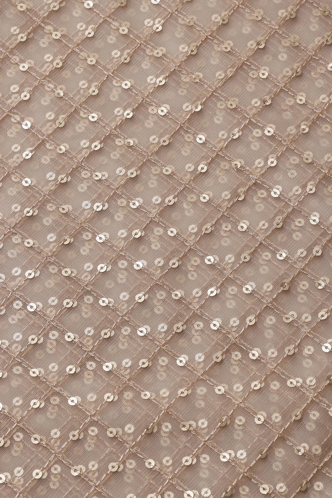 Gold Matt Sequins Small Checks Embroidery Work On Beige Soft Net Fabric