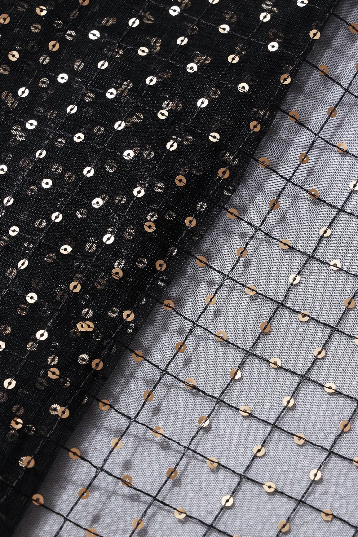 Gold Matt Sequins Small Checks Embroidery Work On Black Soft Net Fabric