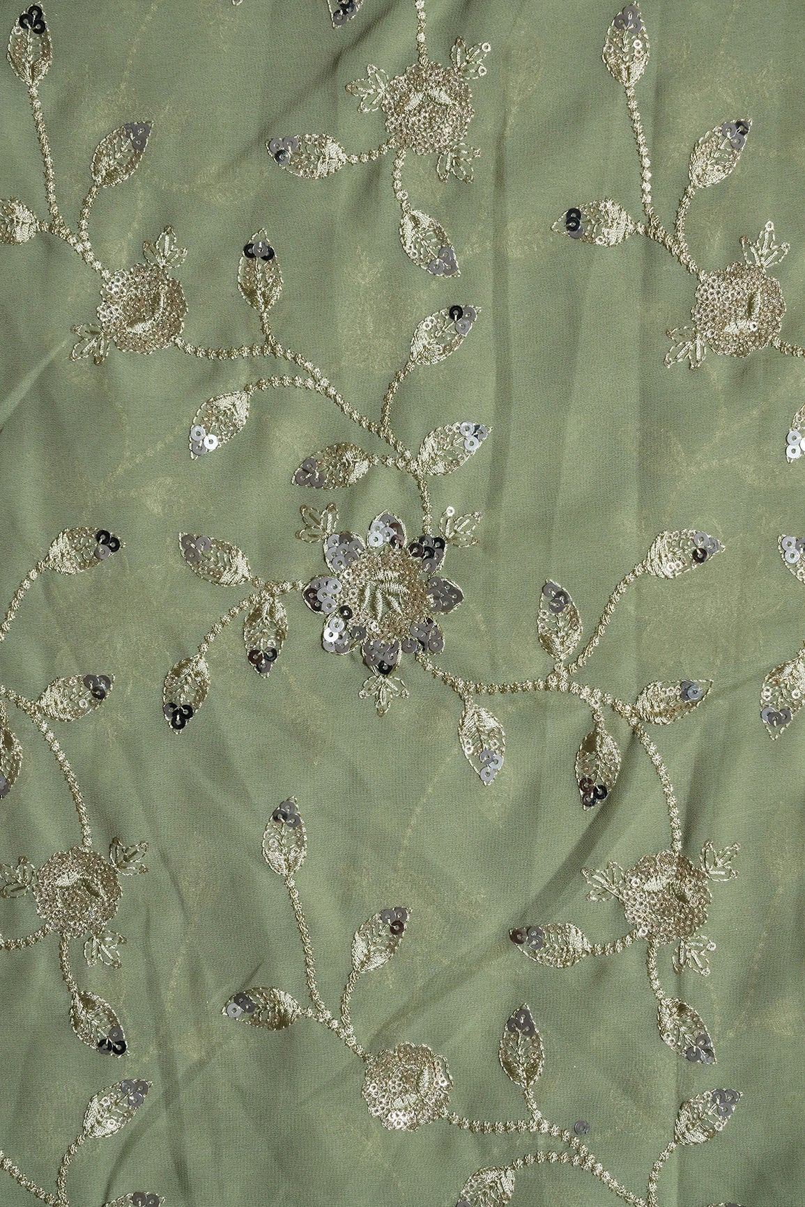Gold And Silver Sequins Floral Embroidery Work On Olive Georgette Fabric