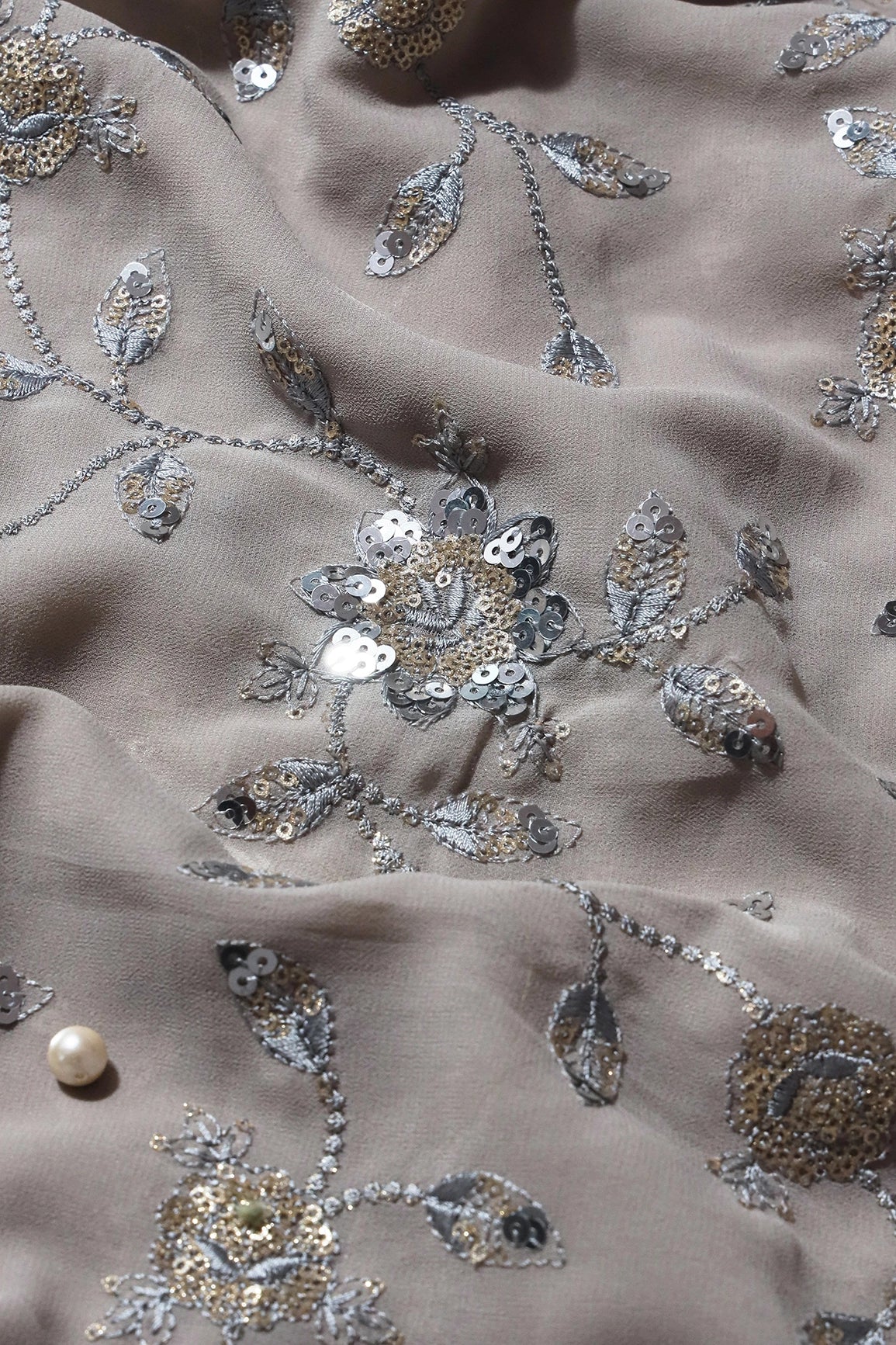 Gold And Silver Sequins Floral Embroidery Work On Grey Georgette Fabric
