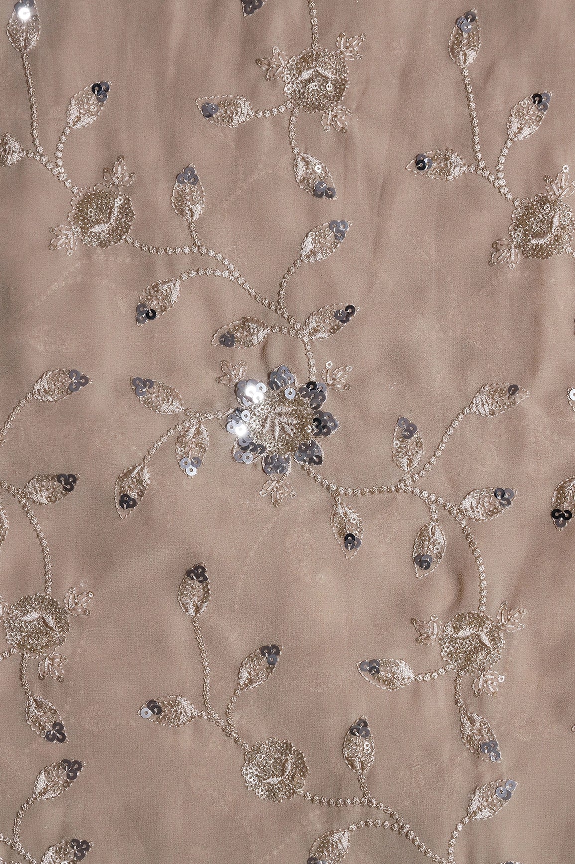 Gold And Silver Sequins Floral Embroidery Work On Beige Georgette Fabric