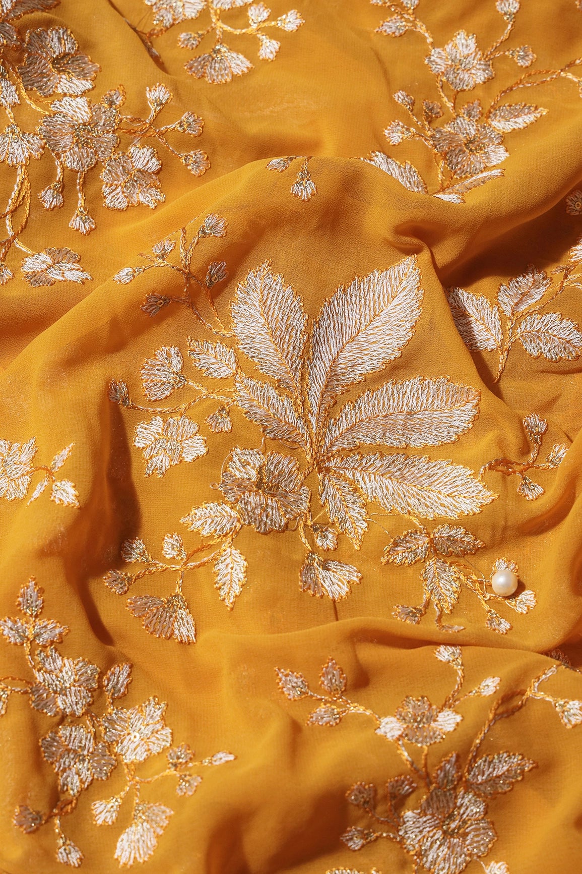 Gold Sequins With Cream Thread Floral Embroidery Work On Mustard Georgette Fabric