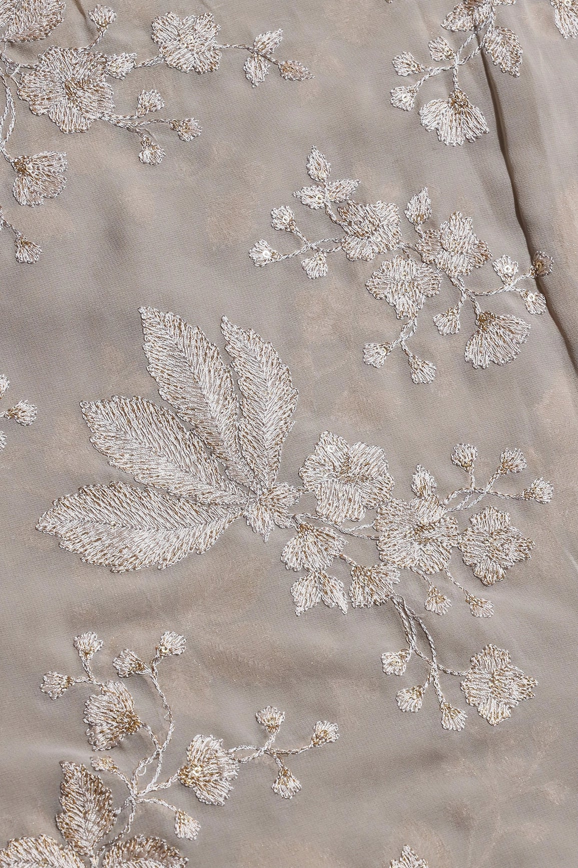 Gold Sequins With Cream Thread Floral Embroidery Work On Grey Georgette Fabric