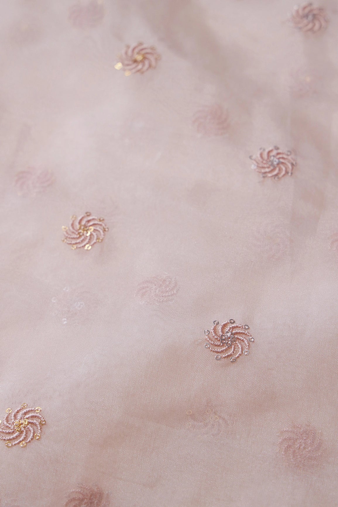 Gold And Silver Sequins Beautiful Small Motif Embroidery Work On Pastel Peach Organza Fabric