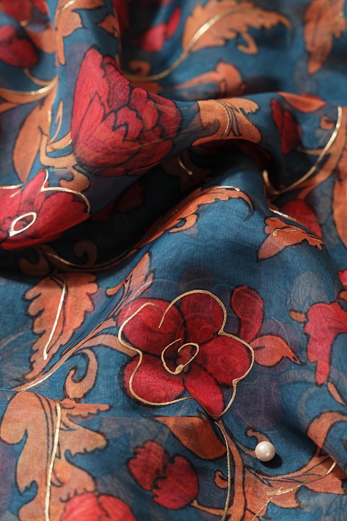Red And Orange Floral Digital Foil Print On Prussian Blue Organza Fabric