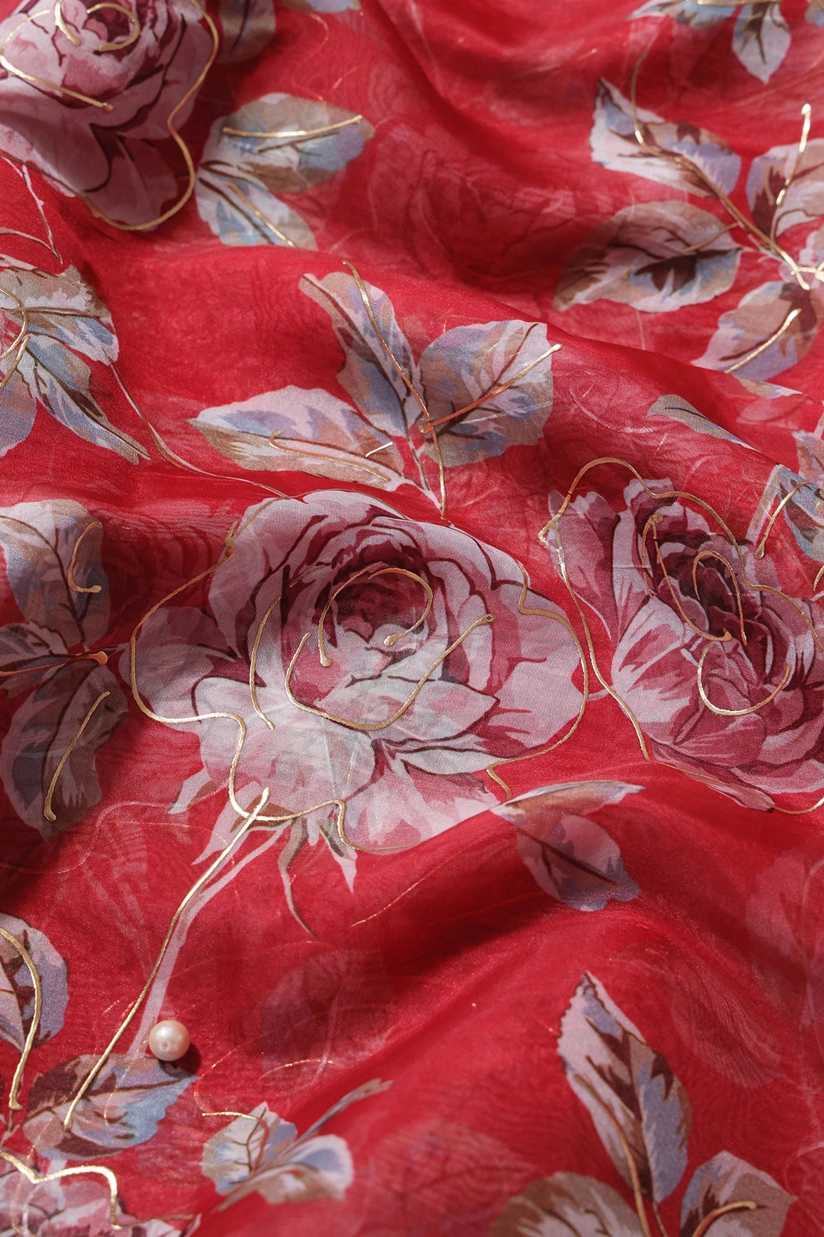 Multi Color Floral Digital Foil Print On Red Organza Fabric