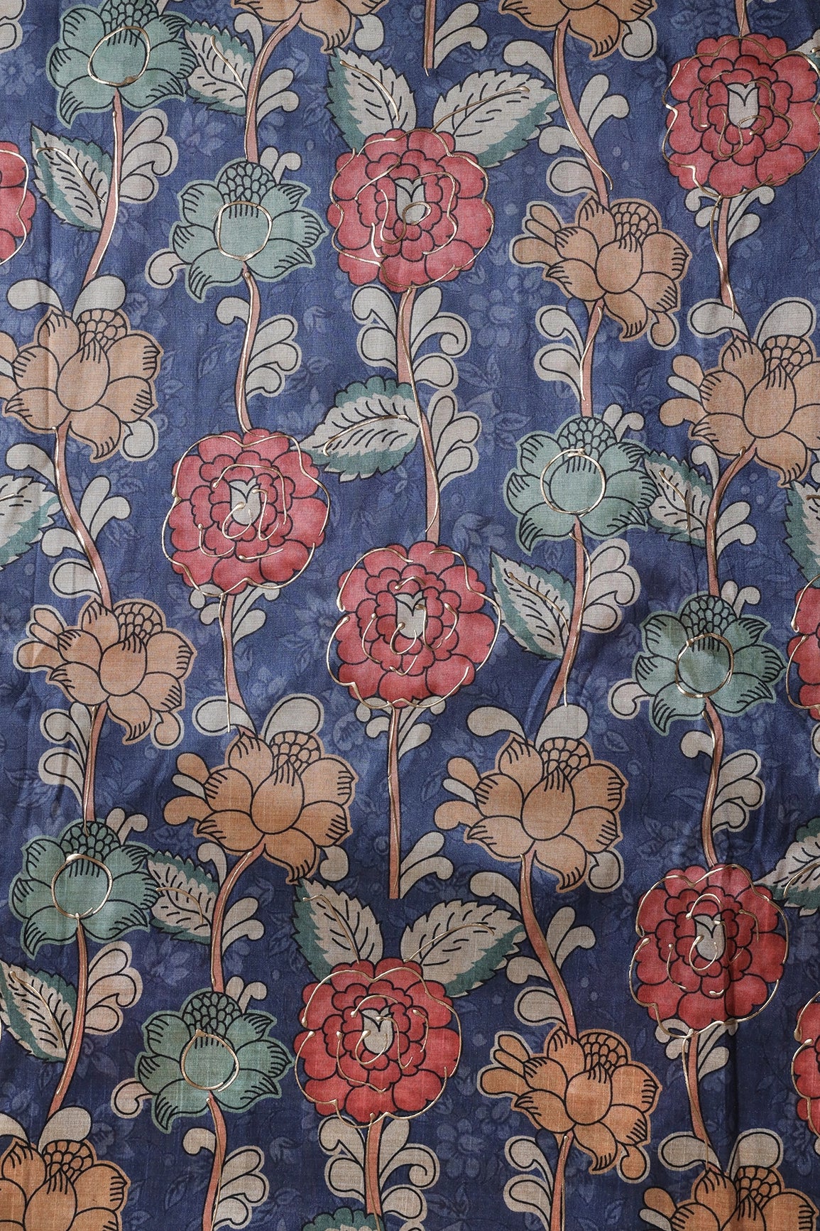 Blue And Red Floral Pattern Digital Foil Print On Mulberry Silk Fabric