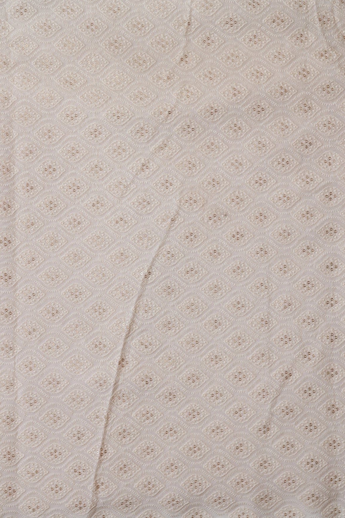White Thread With Sequins Ogee Lucknowi  Embroidery On Dyeable Pure Viscose Georgette Fabric With Border