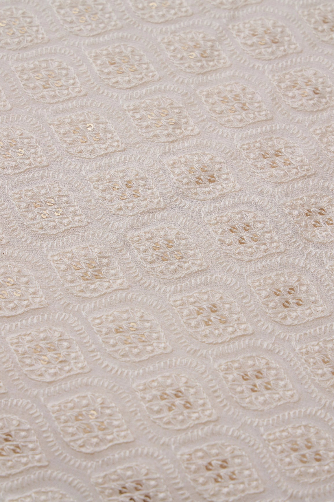 White Thread With Sequins Ogee Lucknowi  Embroidery On Dyeable Pure Viscose Georgette Fabric With Border