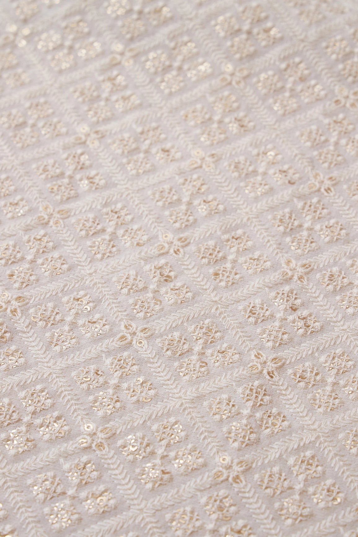 White Thread With Sequins Checks Lucknowi Embroidery On Dyeable Pure Viscose Georgette Fabric With Border