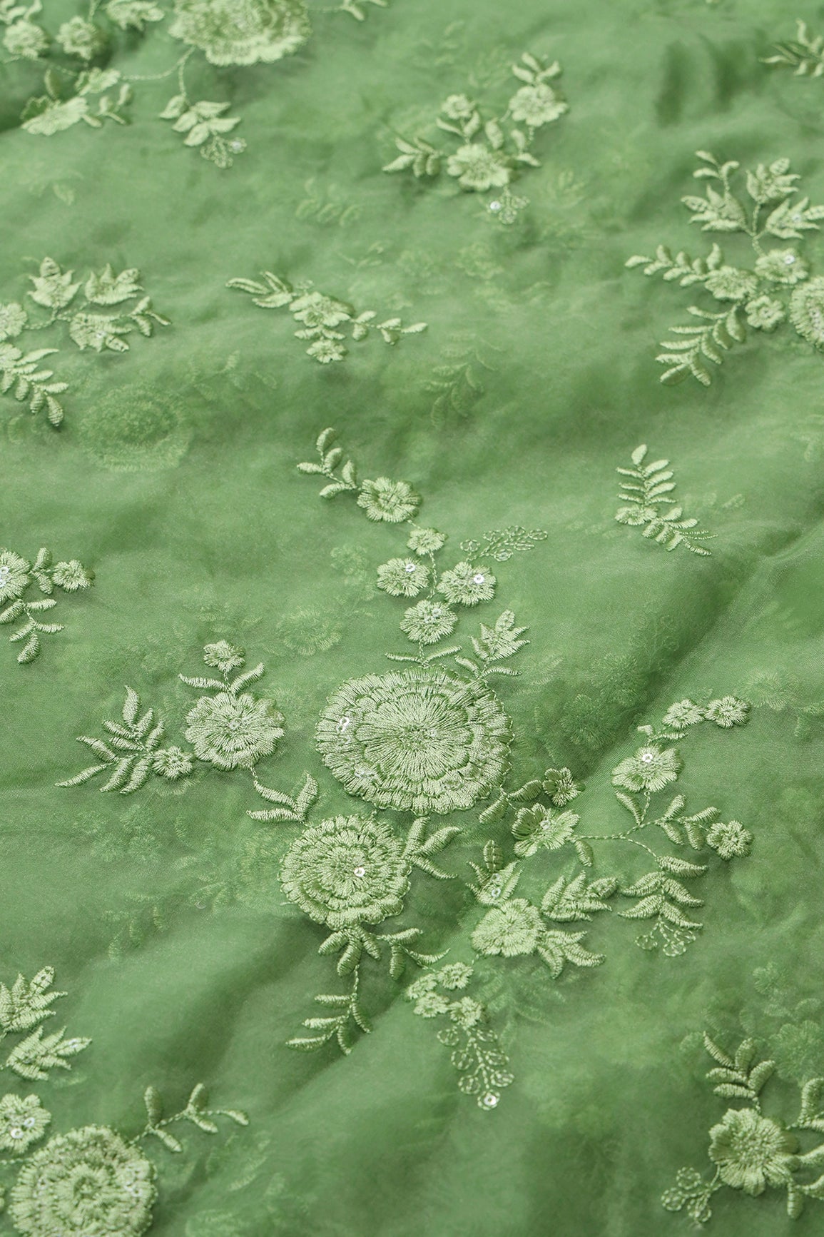 Olive Thread With Water Sequins Floral Embroidery Work On Olive Organza Fabric