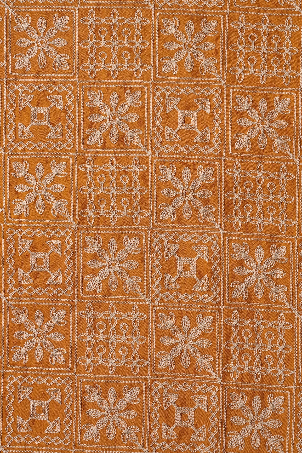 Cream Thread Geometric Embroidery Work On Mustard Viscose Muslin Silk Fabric