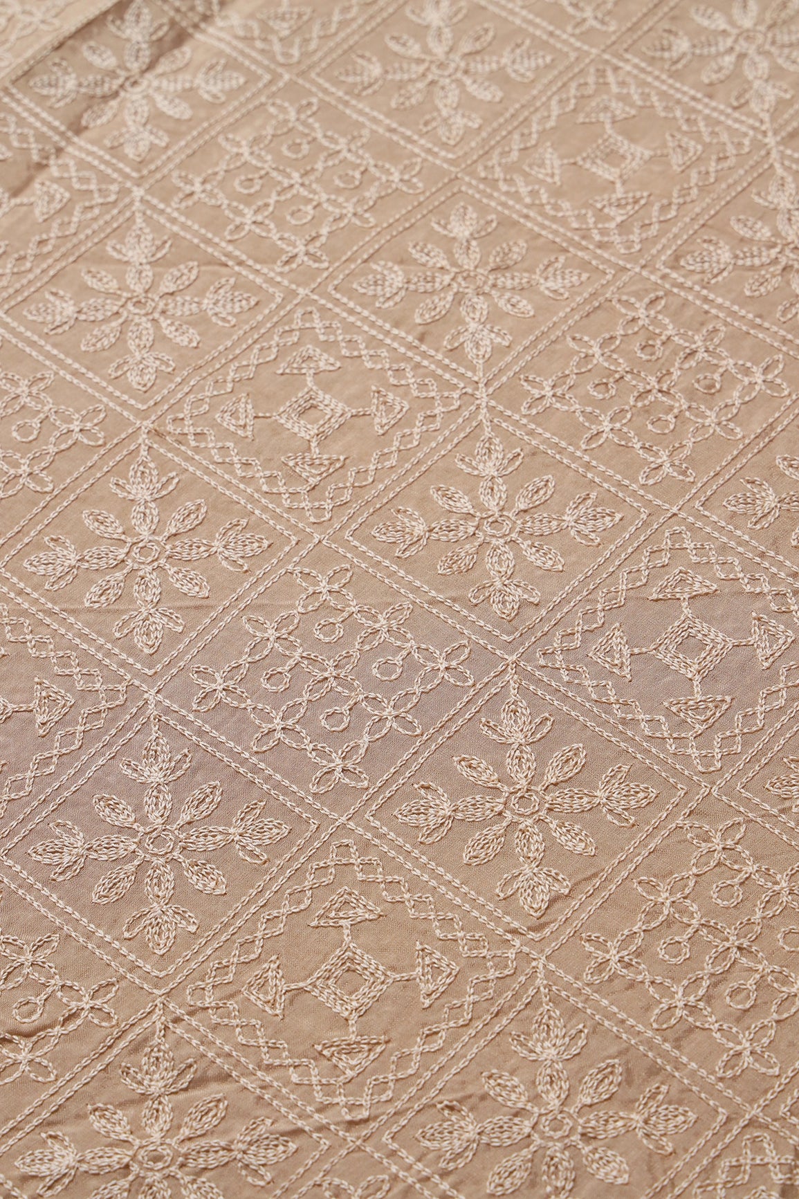 Cream Thread Geometric Embroidery Work On Beige Viscose Muslin Silk Fabric