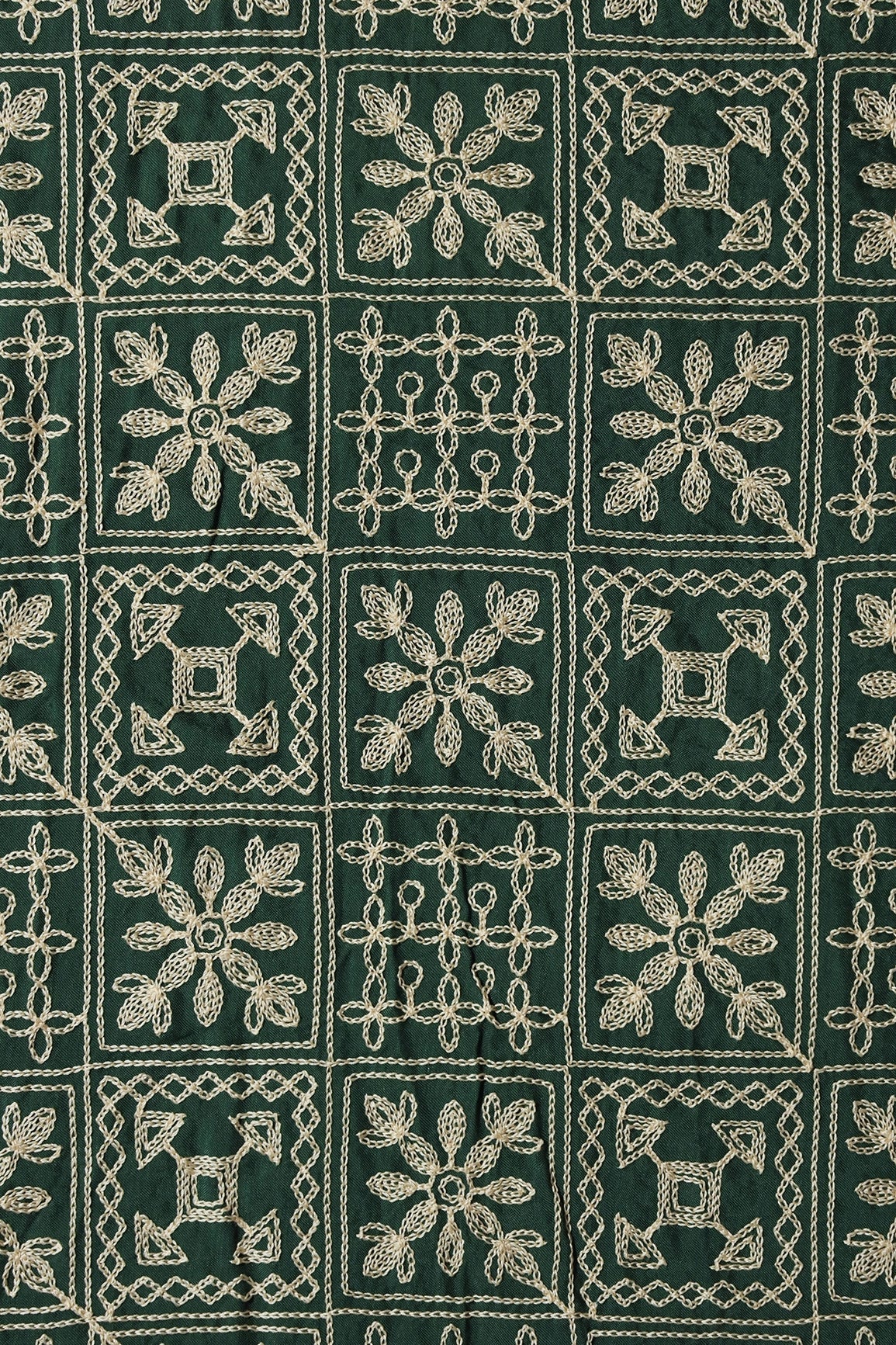 Cream Thread Geometric Embroidery Work On Bottle Green Viscose Muslin Silk Fabric