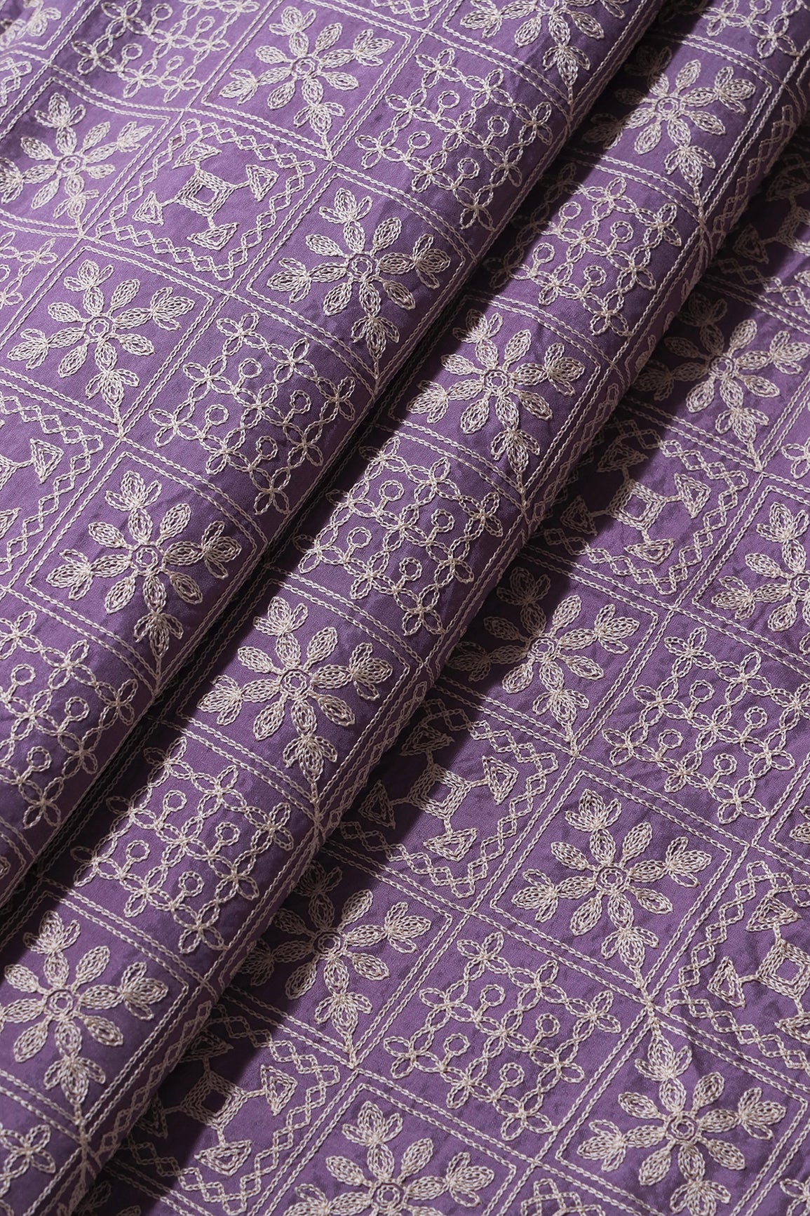 Cream Thread Geometric Embroidery Work On Lavender Viscose Muslin Silk Fabric