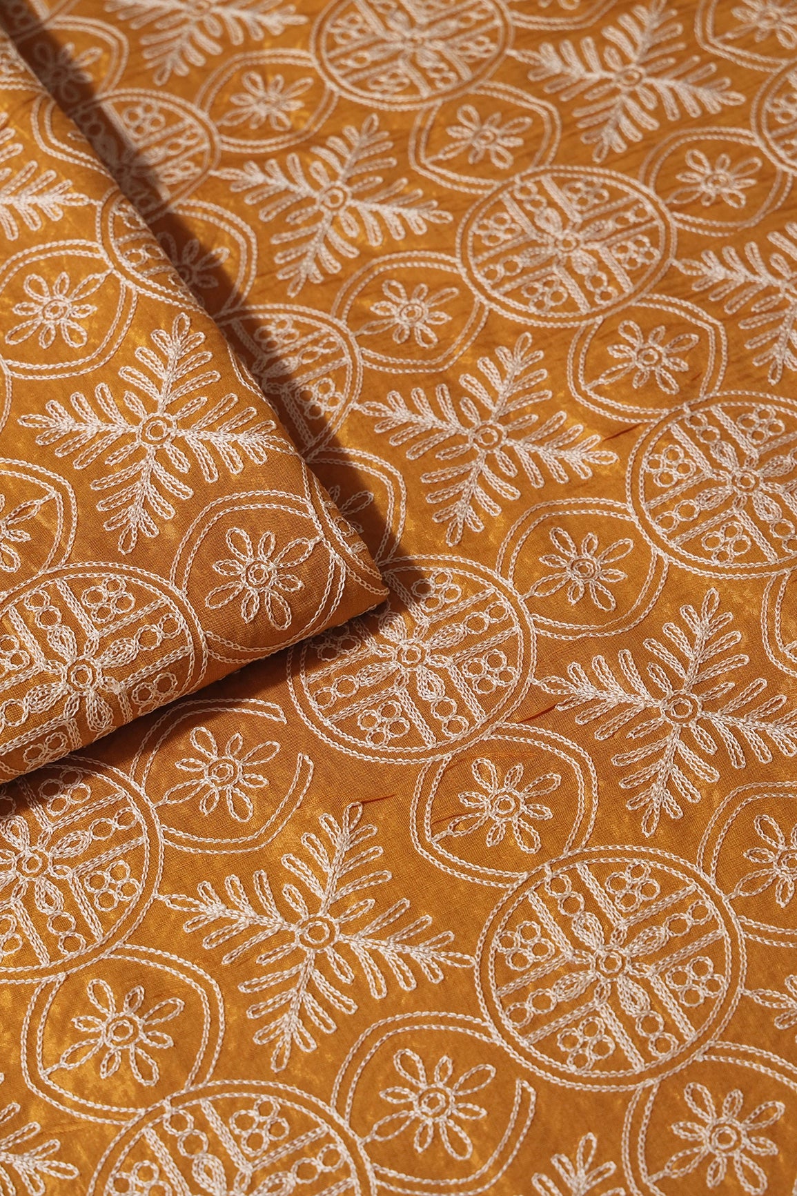 Cream Thread Traditional Embroidery Work On Mustard Viscose Muslin Silk Fabric