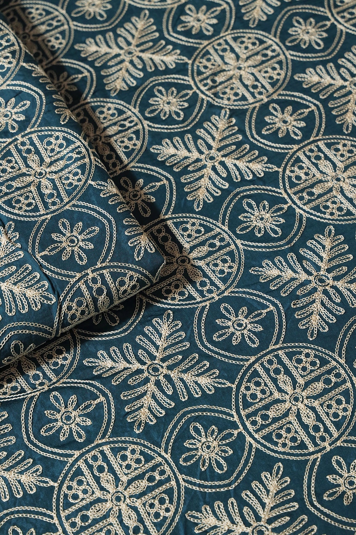 Cream Thread Traditional Embroidery Work On Rama Viscose Muslin Silk Fabric