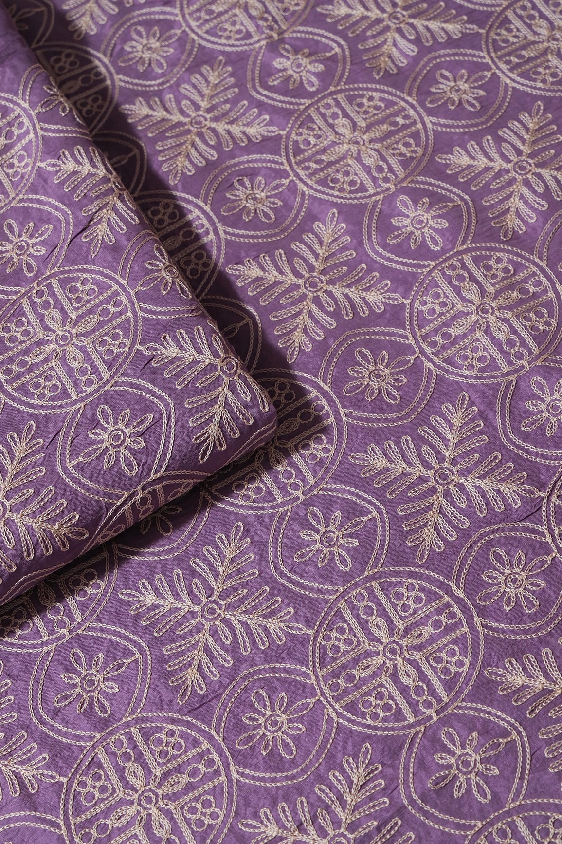 Cream Thread Traditional Embroidery Work On Lavender Viscose Muslin Silk Fabric