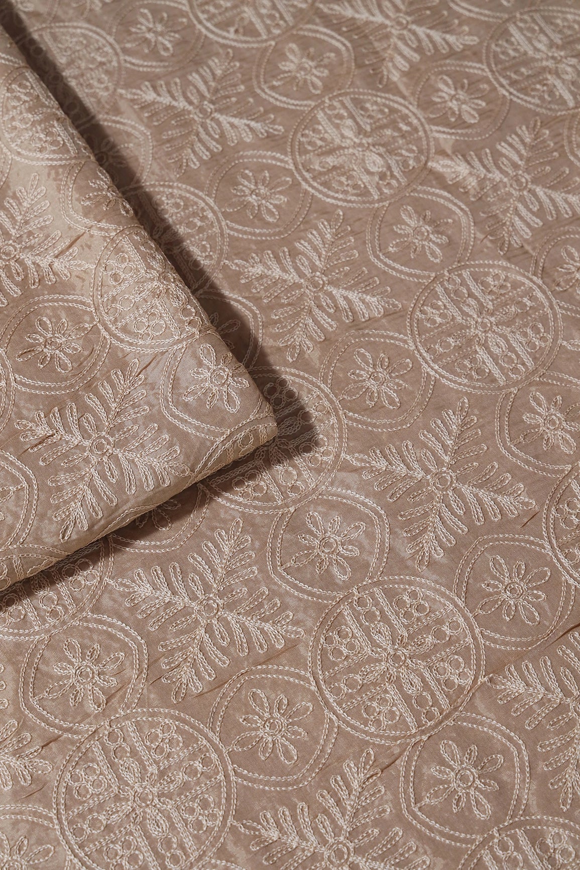Cream Thread Traditional Embroidery Work On Beige Viscose Muslin Silk Fabric