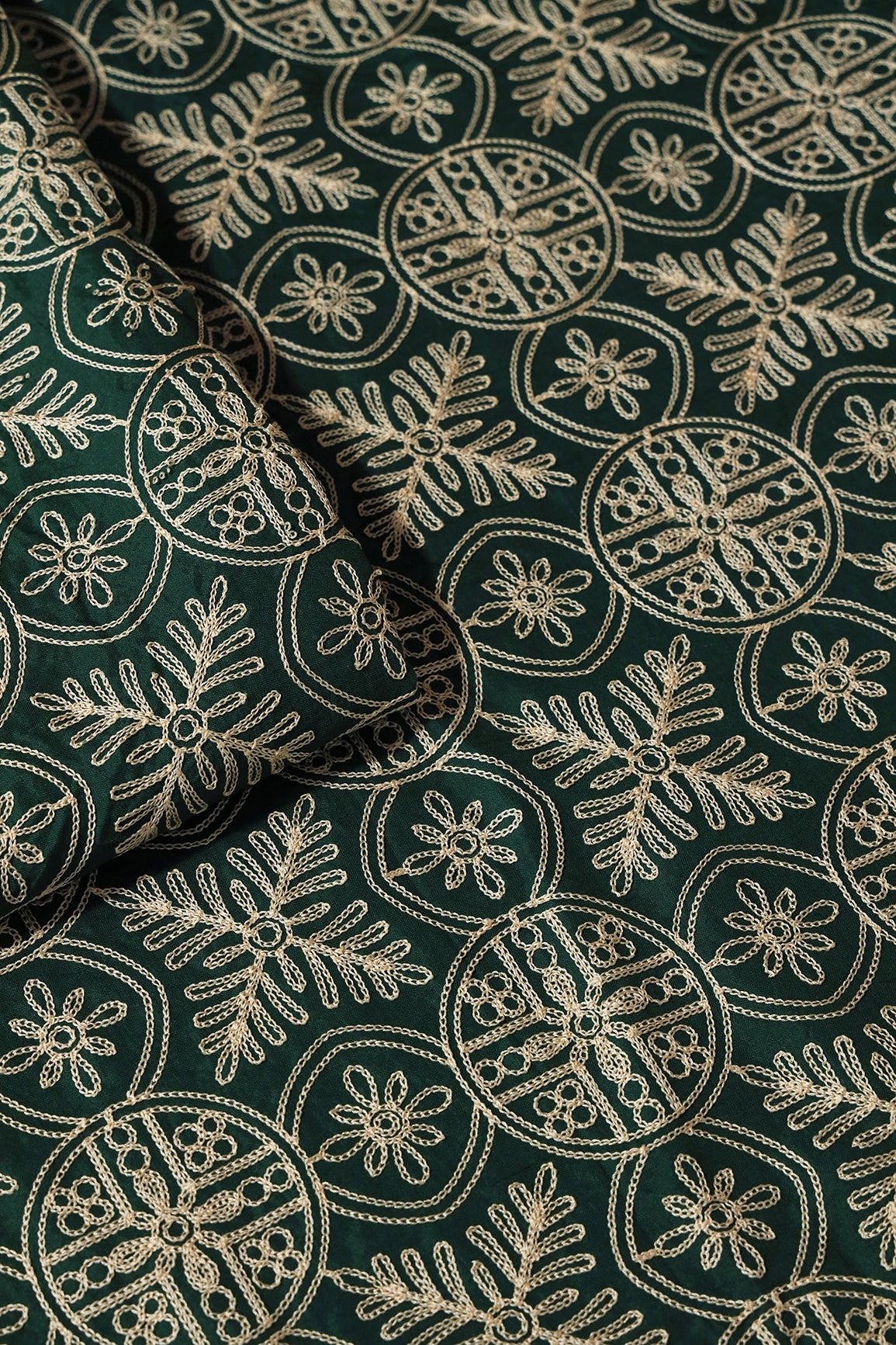 Cream Thread Traditional Embroidery Work On Bottle Green Viscose Muslin Silk Fabric