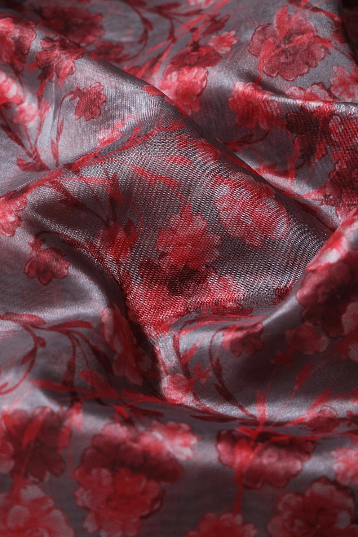 Red Floral Pattern Digital Print On Grey Organza Fabric