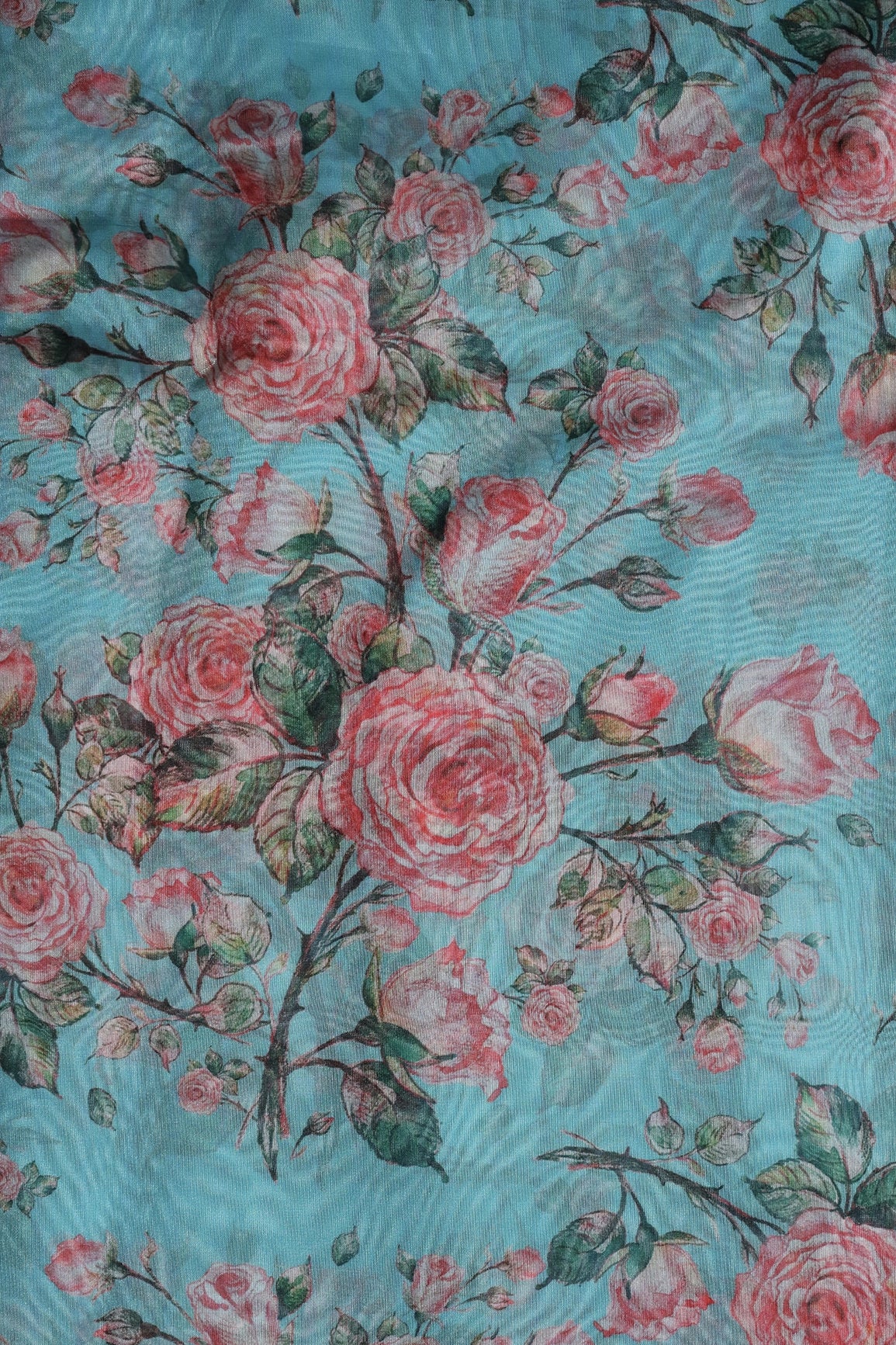 Red Floral Pattern Digital Print On Sky Blue Organza Fabric