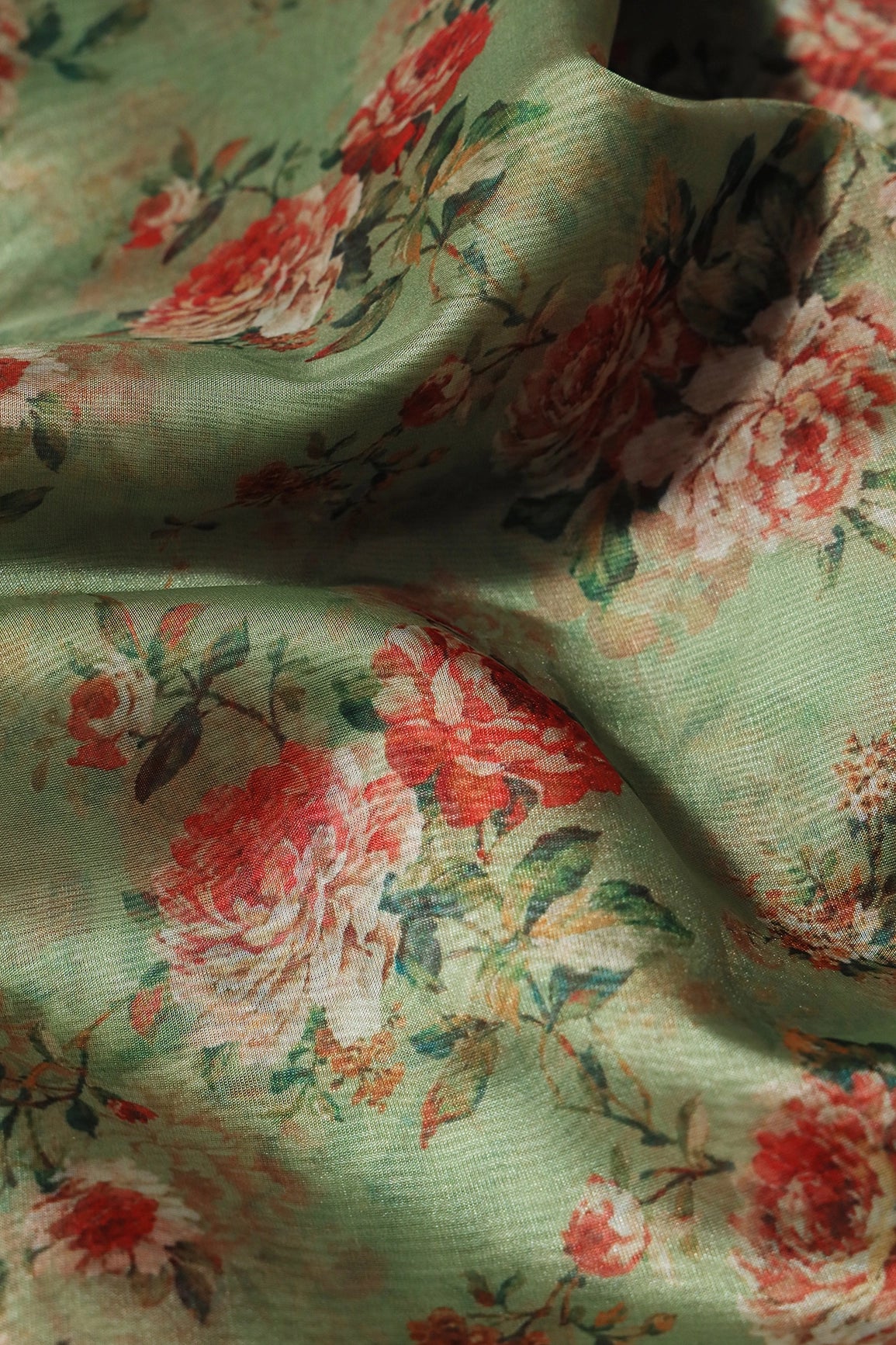 Red And Green Floral Pattern Digital Print On Olive Organza Fabric