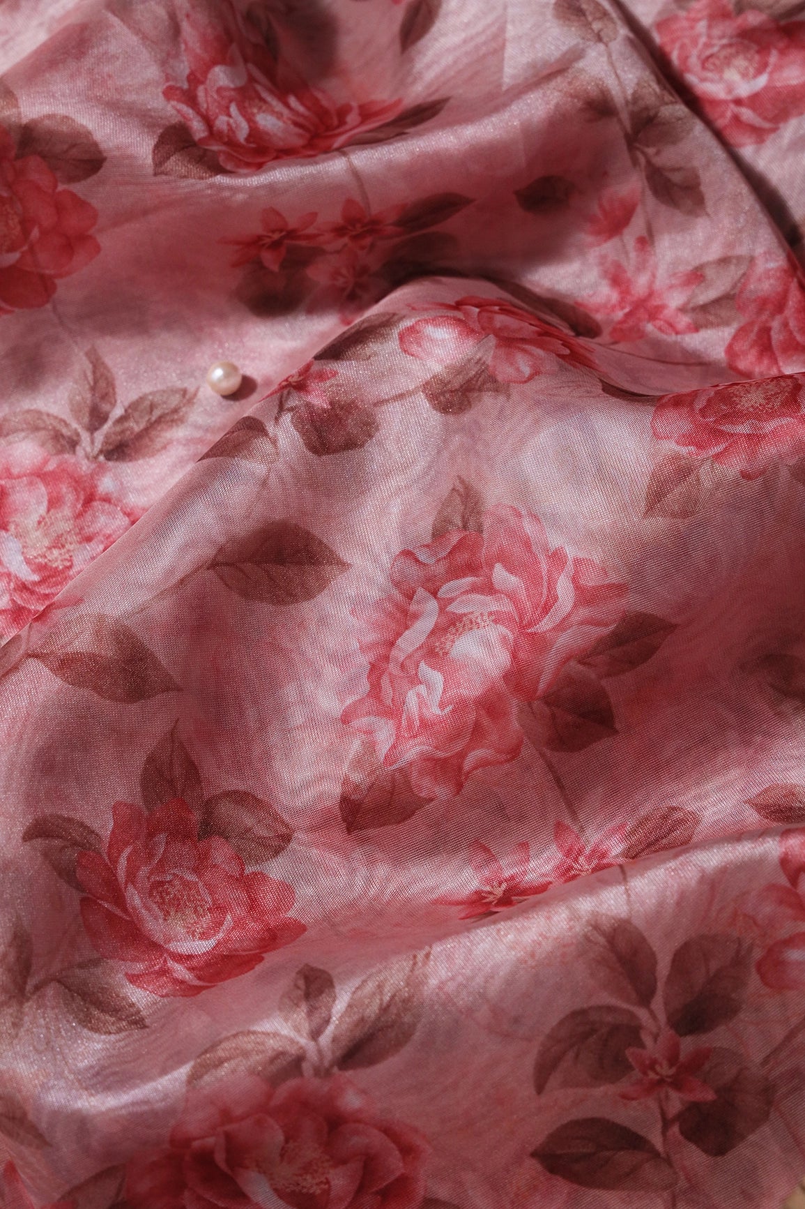 Light Maroon Floral Pattern Digital Print On Dusty Pink Organza Fabric