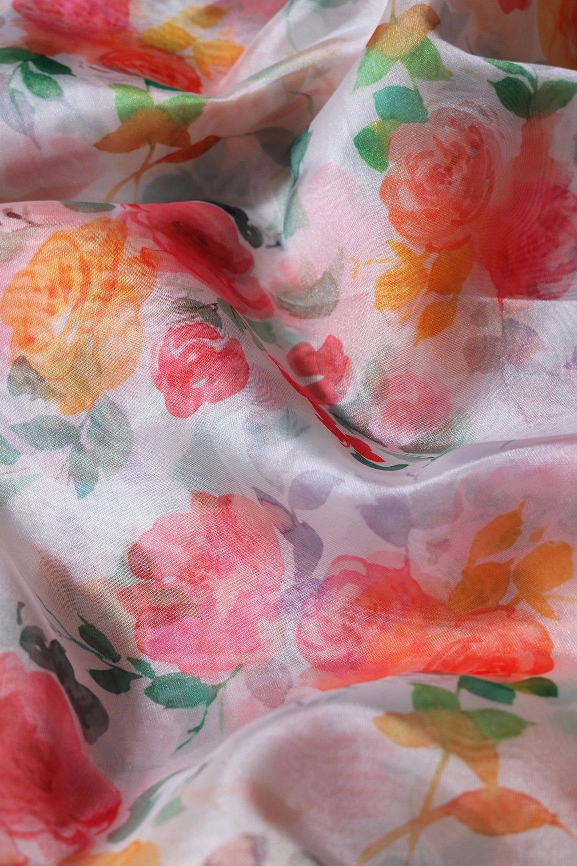 Multi Color Floral Pattern Digital Print On White Organza Fabric